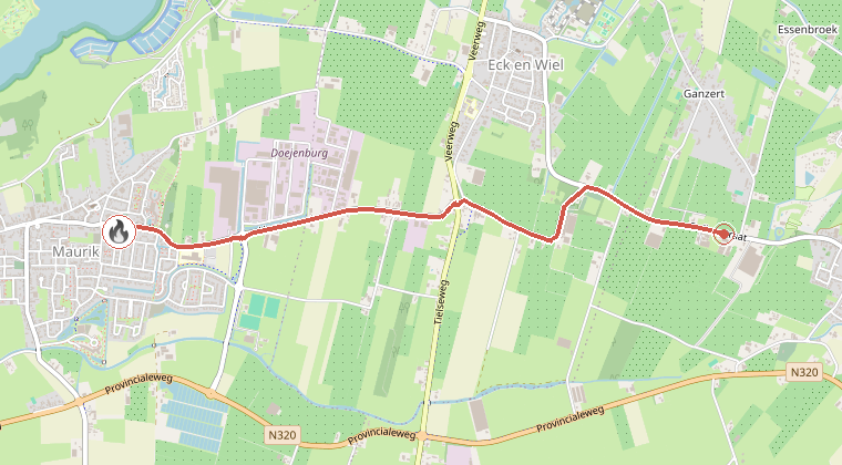 Kaart van de omgeving van de melding, met de kazerne die is gealarmeerd