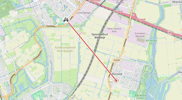 Kaart van de omgeving van de melding, met de kazerne die is gealarmeerd