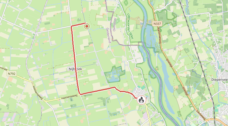 Kaart van de omgeving van de melding, met de kazerne die is gealarmeerd