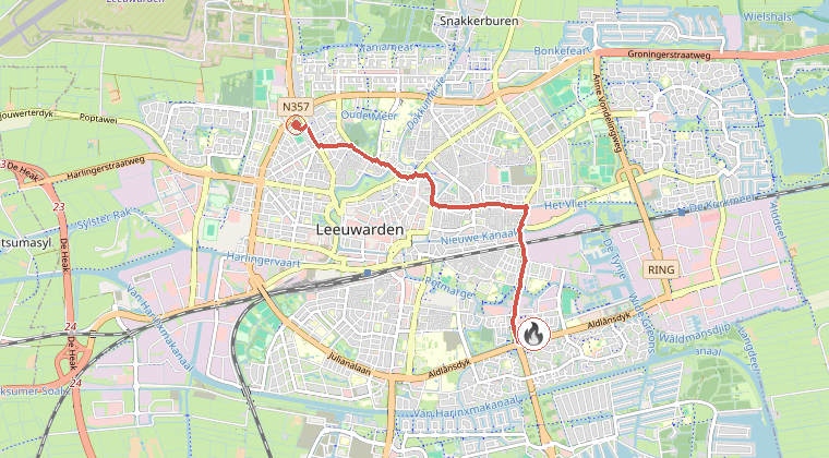 Kaart van de omgeving van de melding, met de kazerne die is gealarmeerd