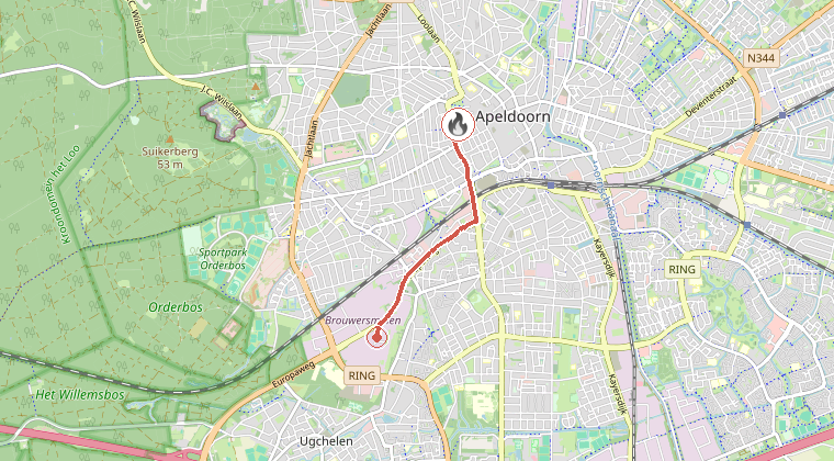 Kaart van de omgeving van de melding, met de kazerne die is gealarmeerd
