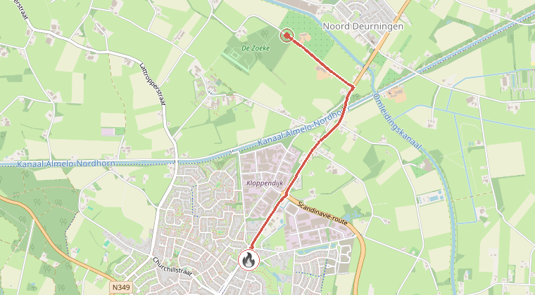Kaart van de omgeving van de melding, met de kazerne die is gealarmeerd