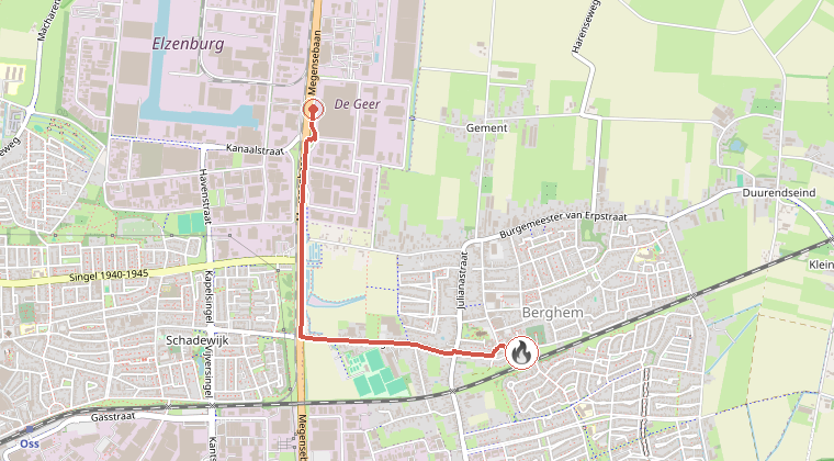 Kaart van de omgeving van de melding, met de kazerne die is gealarmeerd