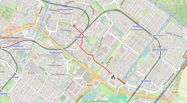 Kaart van de omgeving van de melding, met de kazerne die is gealarmeerd