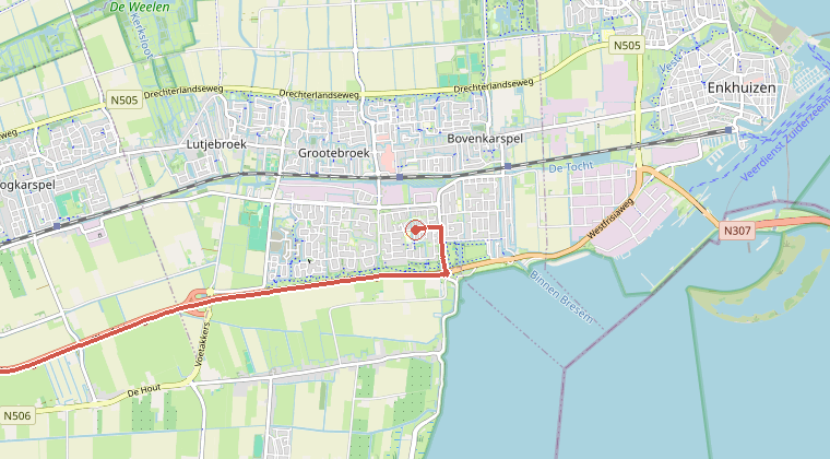 Kaart van de omgeving van de melding, met de kazerne die is gealarmeerd
