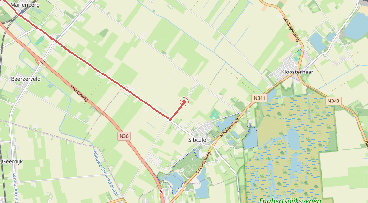 Kaart van de omgeving van de melding, met de kazerne die is gealarmeerd