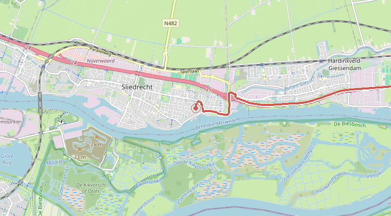 Kaart van de omgeving van de melding, met de kazerne die is gealarmeerd