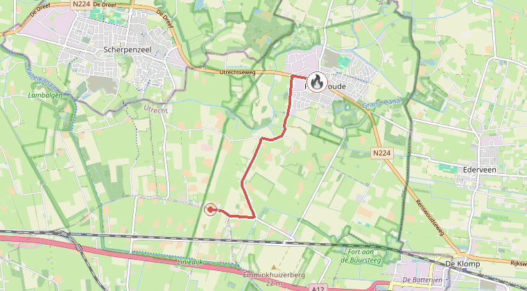 Kaart van de omgeving van de melding, met de kazerne die is gealarmeerd