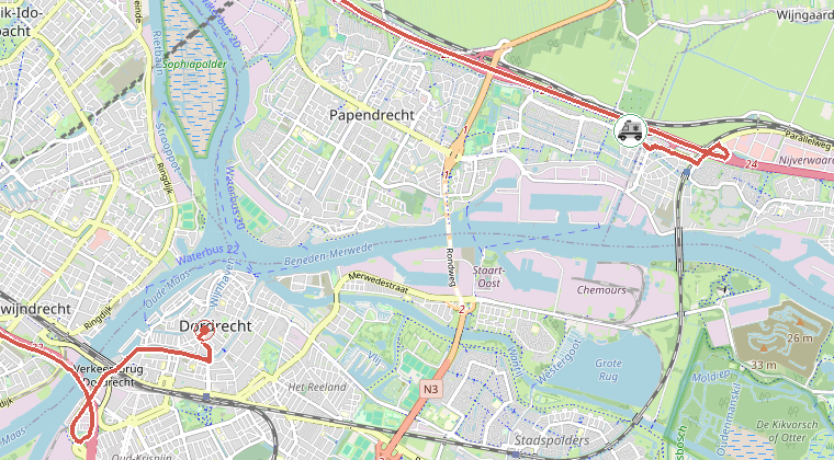 Kaart van de omgeving van de melding, met de kazerne die is gealarmeerd
