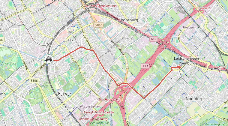Kaart van de omgeving van de melding, met de kazerne die is gealarmeerd