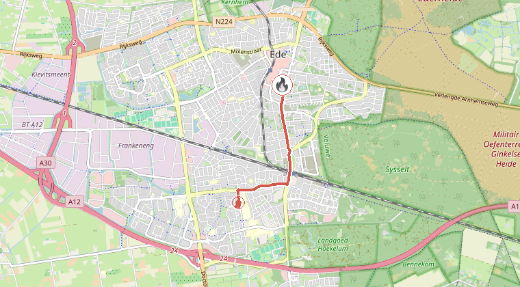 Kaart van de omgeving van de melding, met de kazerne die is gealarmeerd
