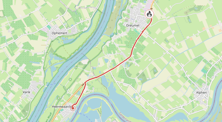 Kaart van de omgeving van de melding, met de kazerne die is gealarmeerd