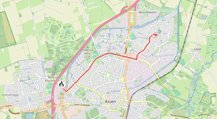 Kaart van de omgeving van de melding, met de kazerne die is gealarmeerd