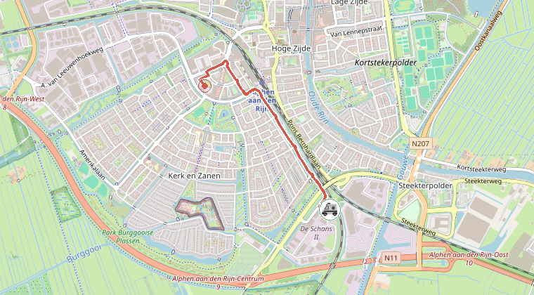 Kaart van de omgeving van de melding, met de kazerne die is gealarmeerd