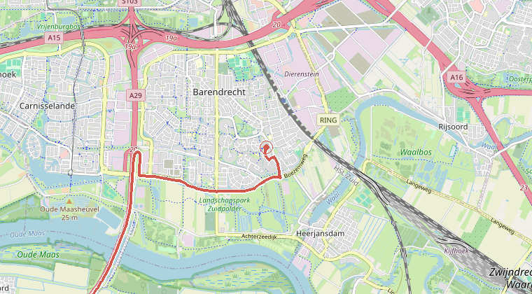 Kaart van de omgeving van de melding, met de kazerne die is gealarmeerd