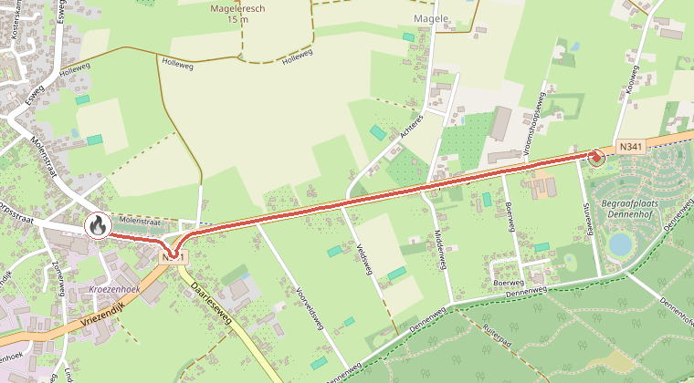 Kaart van de omgeving van de melding, met de kazerne die is gealarmeerd