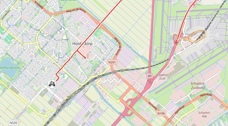 Kaart van de omgeving van de melding, met de kazerne die is gealarmeerd