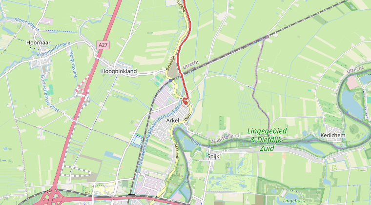Kaart van de omgeving van de melding, met de kazerne die is gealarmeerd