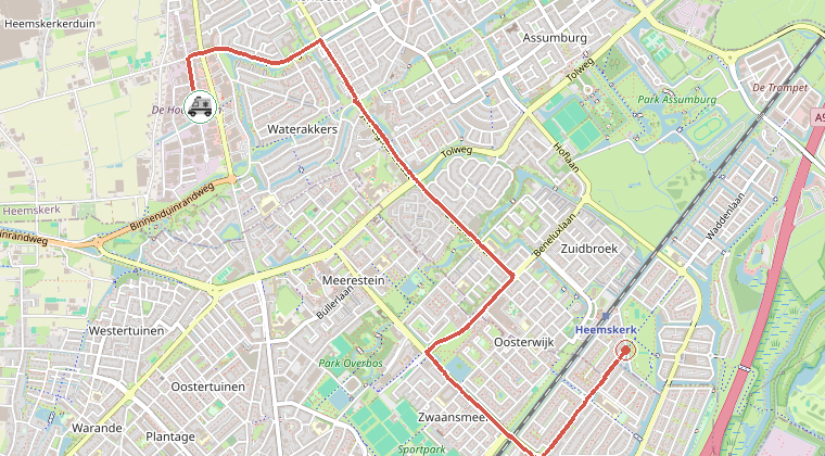 Kaart van de omgeving van de melding, met de kazerne die is gealarmeerd