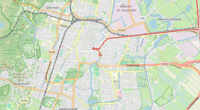 Kaart van de omgeving van de melding, met de kazerne die is gealarmeerd