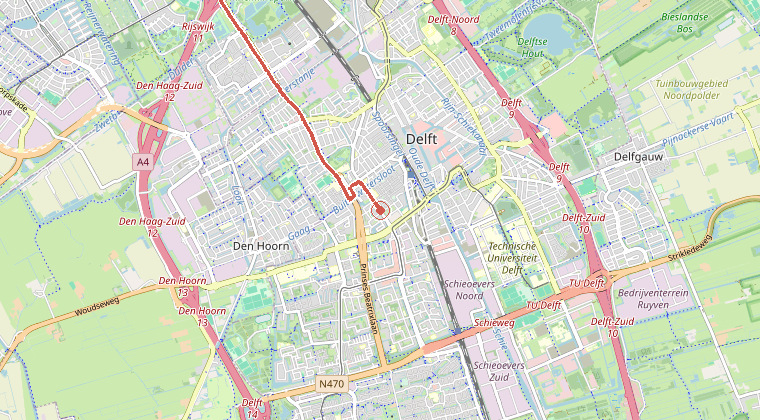 Kaart van de omgeving van de melding, met de kazerne die is gealarmeerd