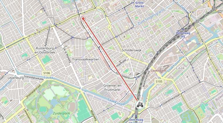 Kaart van de omgeving van de melding, met de kazerne die is gealarmeerd