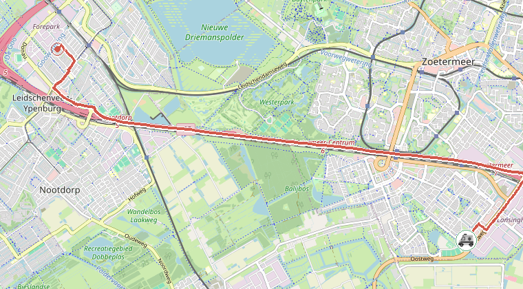 Kaart van de omgeving van de melding, met de kazerne die is gealarmeerd