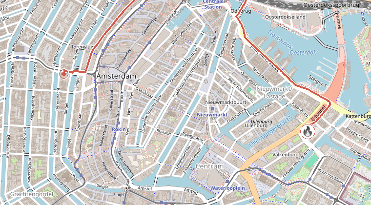Kaart van de omgeving van de melding, met de kazerne die is gealarmeerd