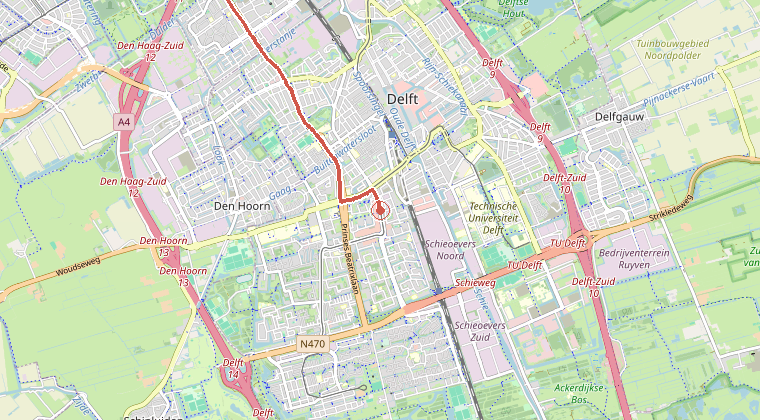 Kaart van de omgeving van de melding, met de kazerne die is gealarmeerd