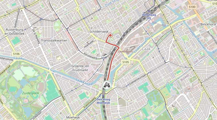 Kaart van de omgeving van de melding, met de kazerne die is gealarmeerd