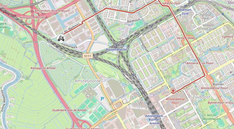 Kaart van de omgeving van de melding, met de kazerne die is gealarmeerd