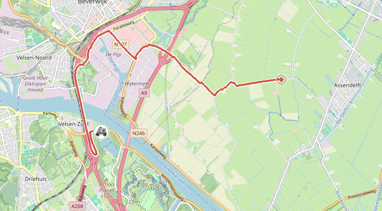Kaart van de omgeving van de melding, met de kazerne die is gealarmeerd