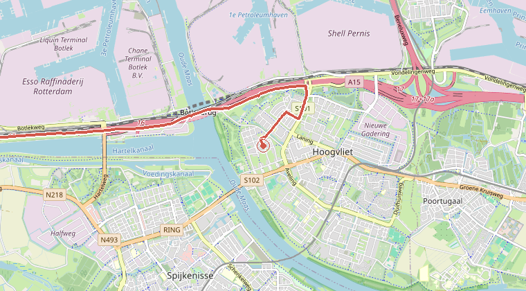 Kaart van de omgeving van de melding, met de kazerne die is gealarmeerd