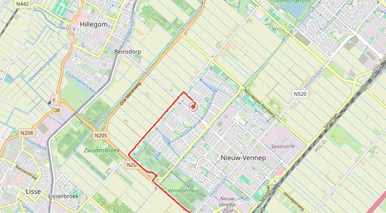 Kaart van de omgeving van de melding, met de kazerne die is gealarmeerd