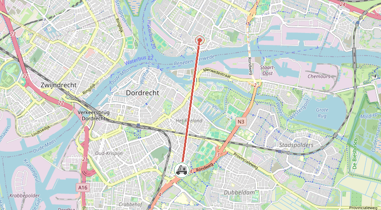 Kaart van de omgeving van de melding, met de kazerne die is gealarmeerd