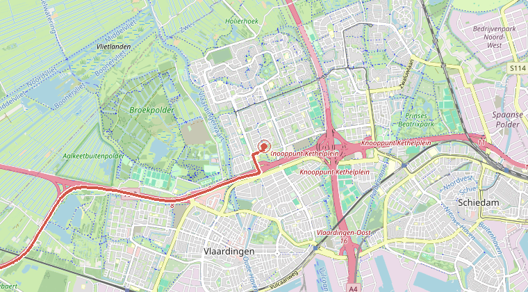Kaart van de omgeving van de melding, met de kazerne die is gealarmeerd