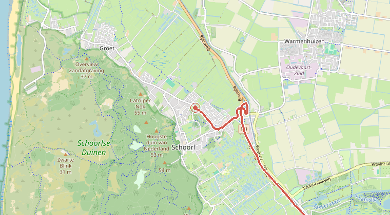 Kaart van de omgeving van de melding, met de kazerne die is gealarmeerd