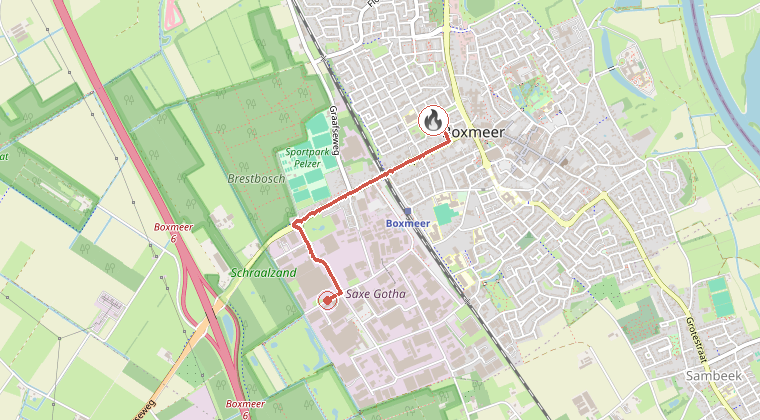 Kaart van de omgeving van de melding, met de kazerne die is gealarmeerd