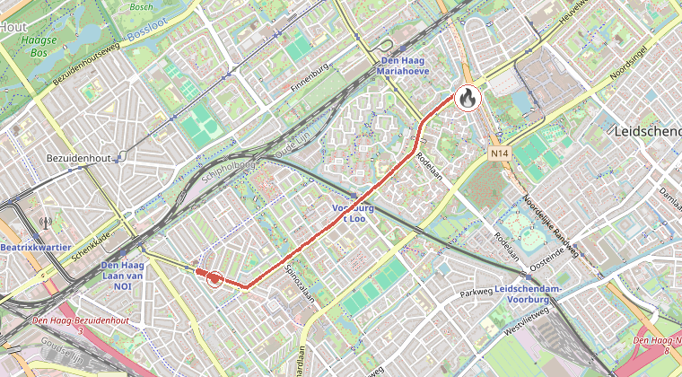 Kaart van de omgeving van de melding, met de kazerne die is gealarmeerd