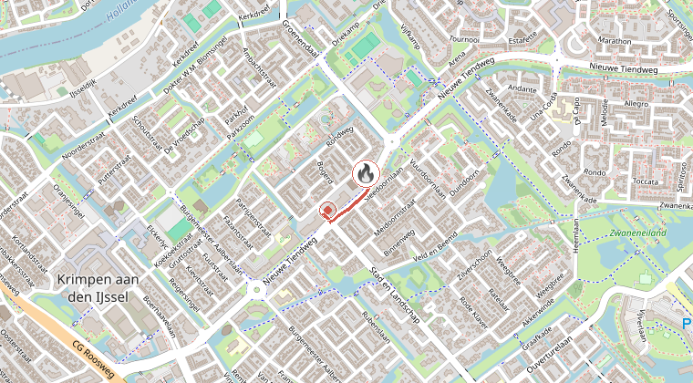 Kaart van de omgeving van de melding, met de kazerne die is gealarmeerd