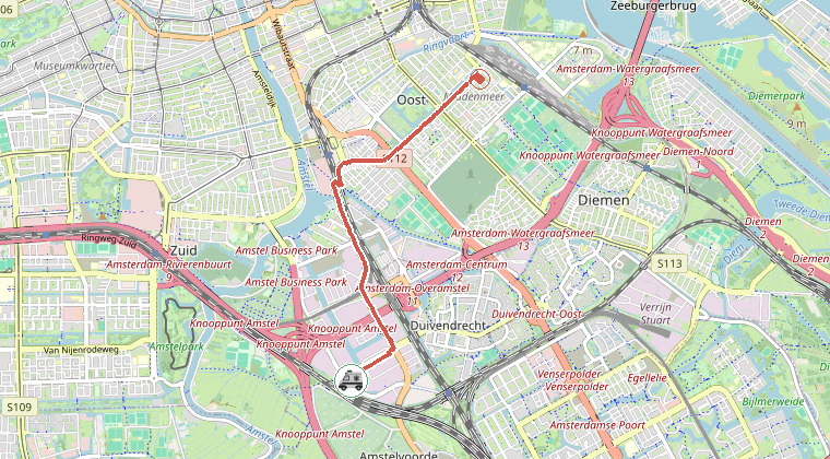 Kaart van de omgeving van de melding, met de kazerne die is gealarmeerd