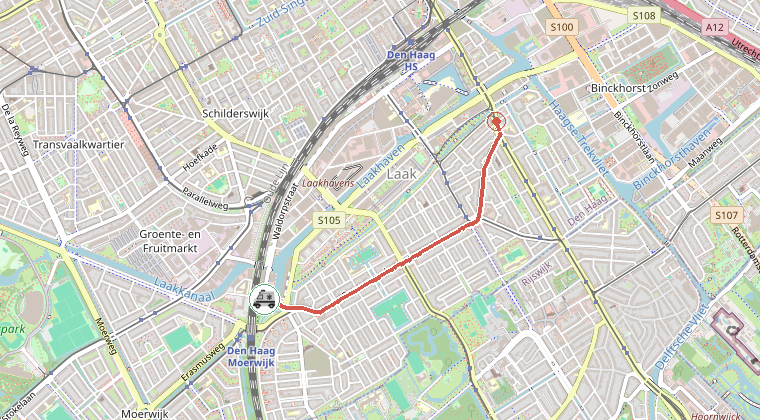 Kaart van de omgeving van de melding, met de kazerne die is gealarmeerd