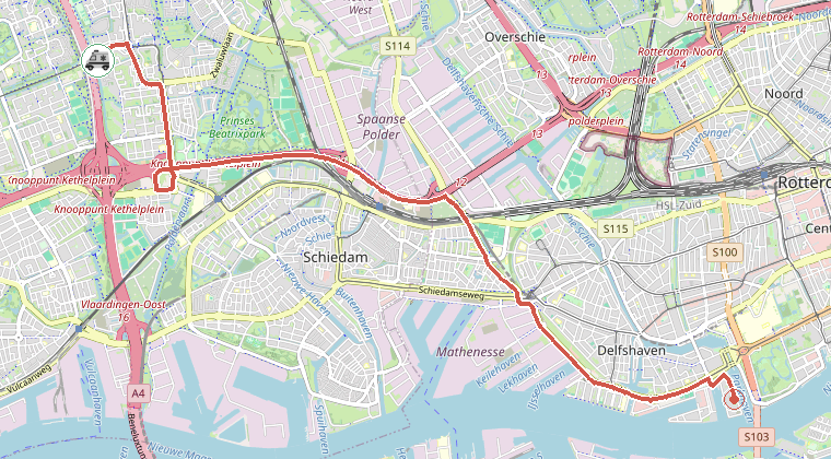 Kaart van de omgeving van de melding, met de kazerne die is gealarmeerd