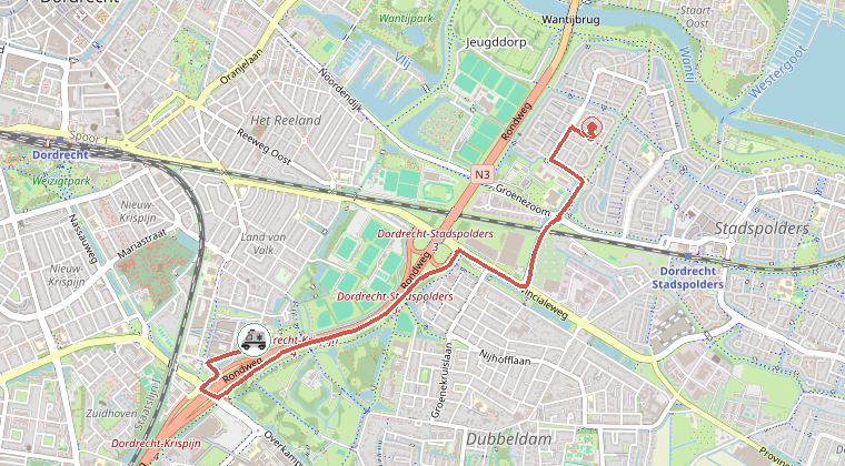 Kaart van de omgeving van de melding, met de kazerne die is gealarmeerd