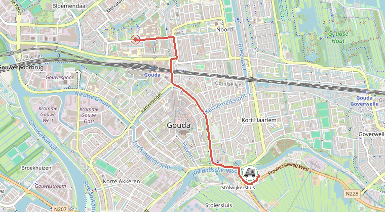 Kaart van de omgeving van de melding, met de kazerne die is gealarmeerd