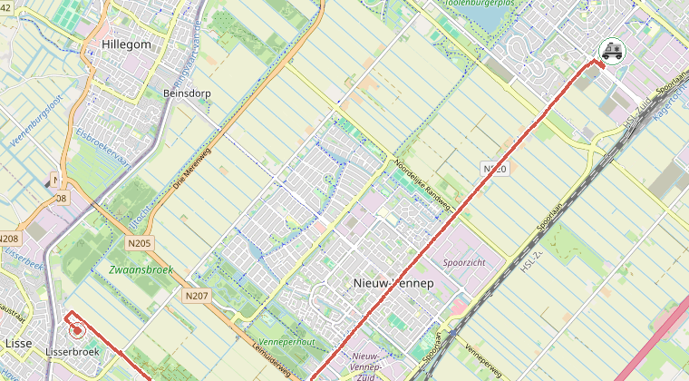 Kaart van de omgeving van de melding, met de kazerne die is gealarmeerd