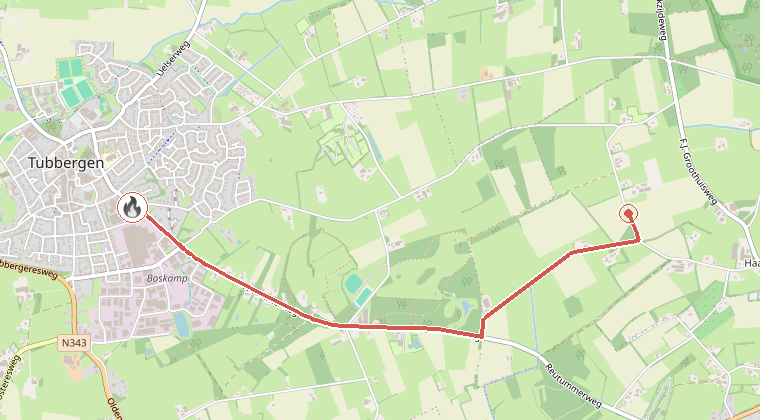 Kaart van de omgeving van de melding, met de kazerne die is gealarmeerd