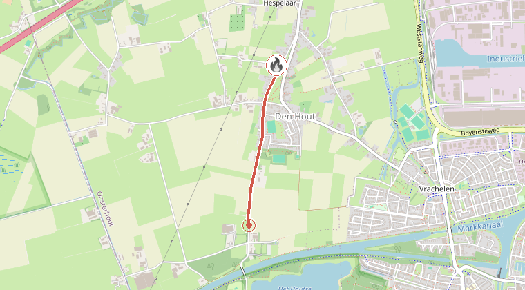 Kaart van de omgeving van de melding, met de kazerne die is gealarmeerd