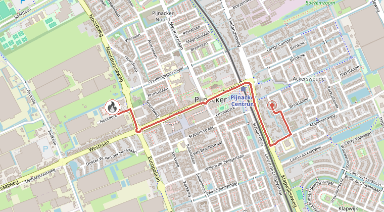 Kaart van de omgeving van de melding, met de kazerne die is gealarmeerd