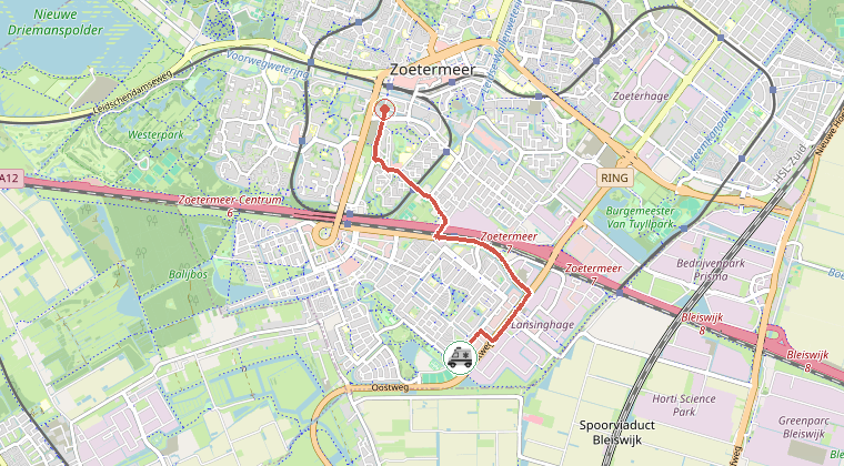 Kaart van de omgeving van de melding, met de kazerne die is gealarmeerd